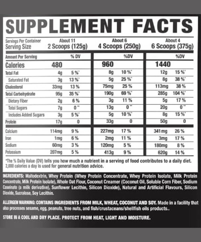 Fiche technique  King Mass XXL Mass Gainer