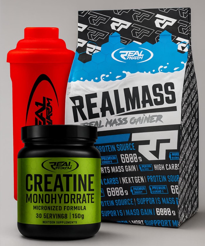 Pack Real Pharm Tunisie - Real Mass 6.8kg, Creatine Monohydrate 150g et Shaker Rouge - Complément alimentaire prise de masse