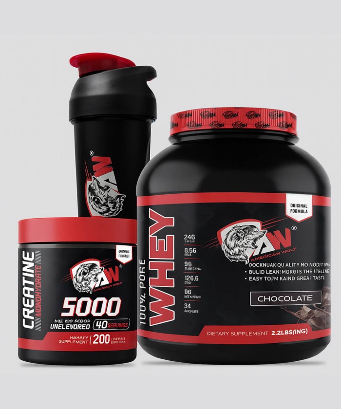 Pack American Wolf – Shaker + 100% Pure Whey 1Kg + Créatine 200g | sans gluten
