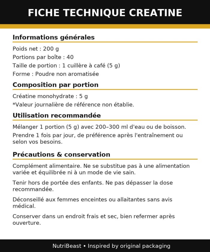 Étiquette Supplement Facts Creatine Monohydrate 5g par portion