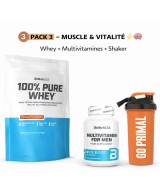 Pack muscle et vitalité BioTechUSA Tunisie avec whey protéine, multivitamines pour homme et shaker Go Primal
