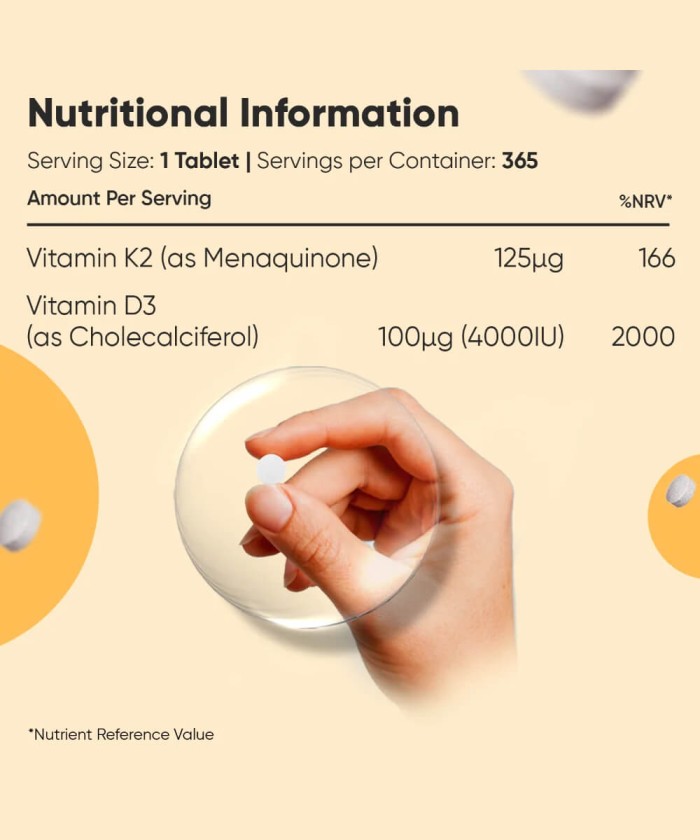 Tableau nutritionnel vitamine D3 K2 MK7 4000 IU