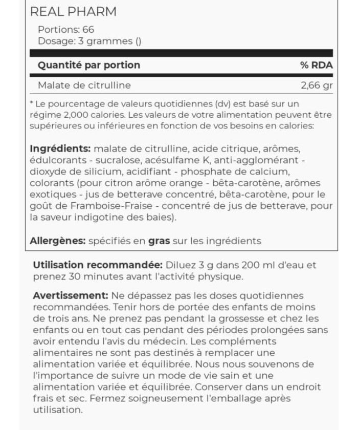 Fiche technique Citrulline malate real pharm - prix Tunisie - nutribeast