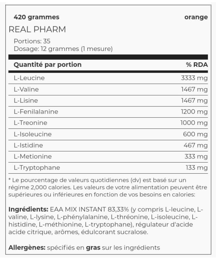 Fiche technique EAA Real Pharm - prix tunisie - nutribeast.tn